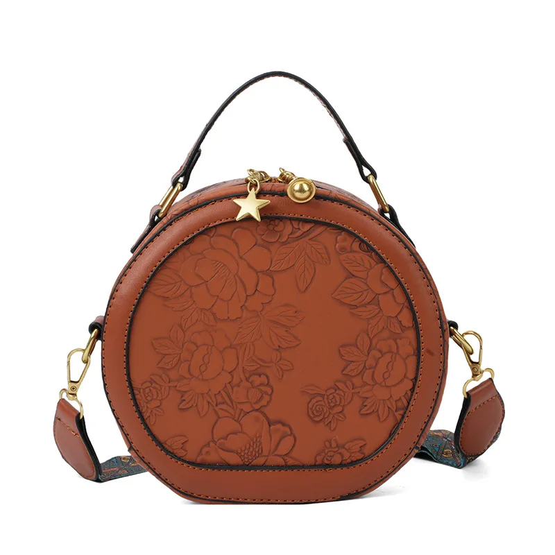 

New Retro Style Round Women's Bag, Engraved Embossed Fashion Handbag, Shoulder Messenger Bag