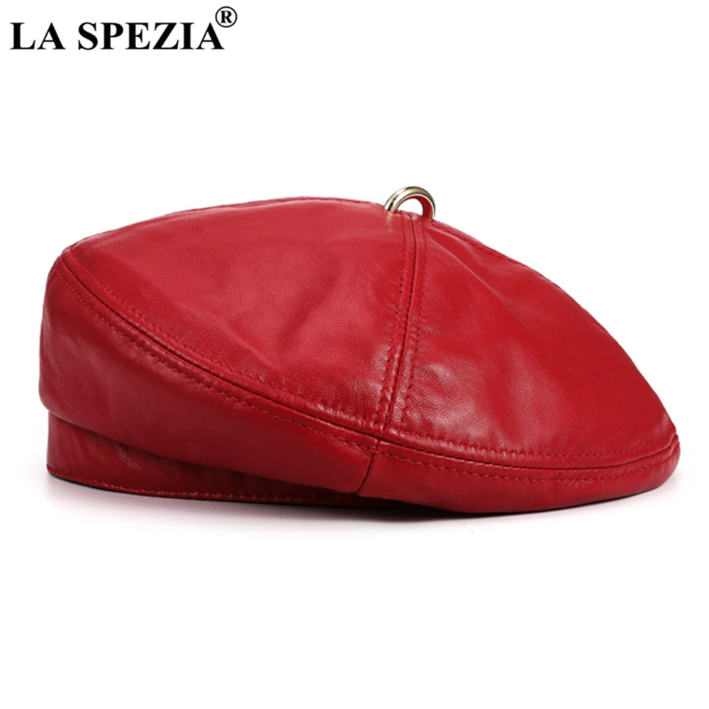 LA SPEZIA Women Beret Hat Vintage Red Womens Hats Genuine Leather Sheepskin Solid Red Blue White Black Autumn Winter Hat