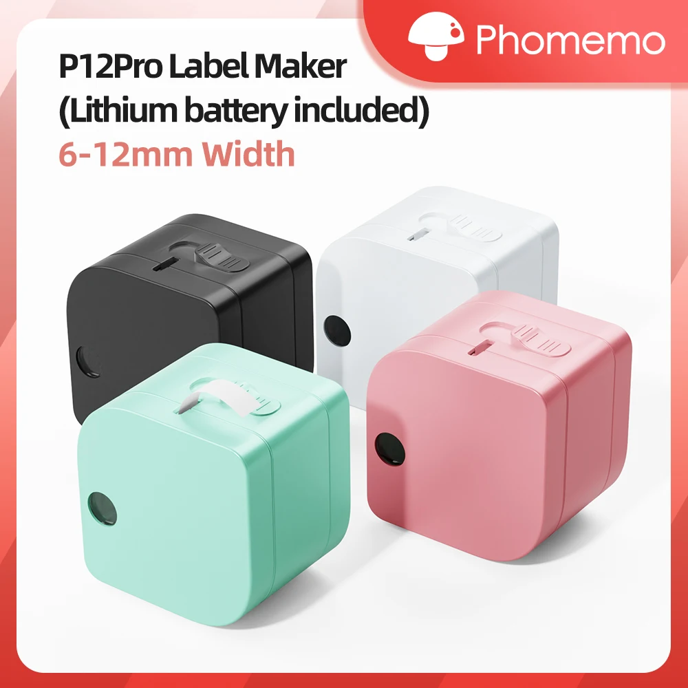 Phomemo Label Printer P12 PRO Portable Label Maker 12mm Rechargeable Bluetooth Inkless Printer Multiple Template for Office Home