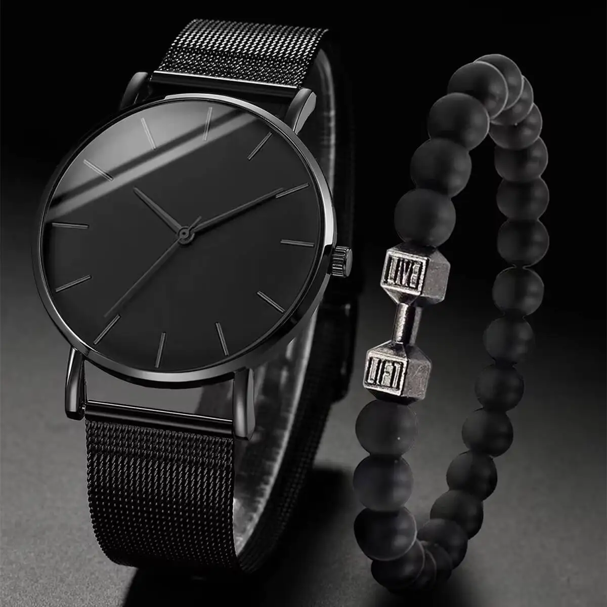 2PCS/Set Men Business Watches Fashion Men's Black Mesh Band Quartz Watch Beads Bracelet Set Reloj Hombre（Without Box）
