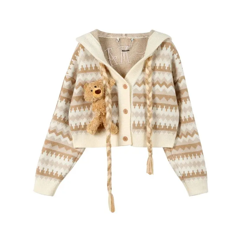 

Brown card retro three-dimensional teddy bear knitted cardigan women's loose and age reducing hooded short sweater jacket trendy