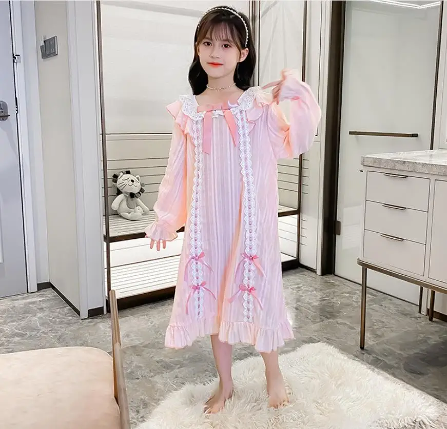 Girl 100% Cotton Sleep Dress Spring Summer New Lace Patchwork Nightgown Kids Bow Princess Home Clothes Teen Pajamas Wz1150