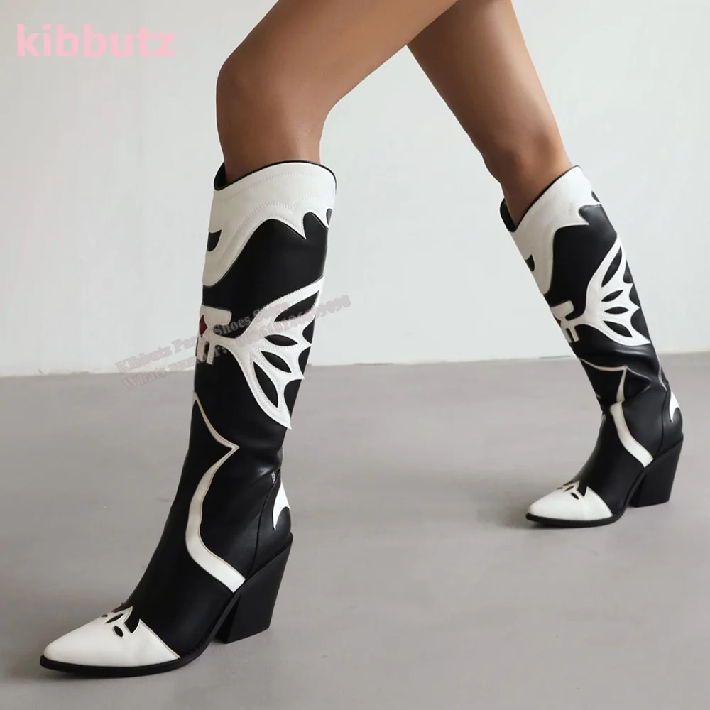 

Embroidery Over-The-Knee Boots Mixed Color Pointed Toe Strange Style Genuine Leather Slip-on Fashion Show Sexy Shoes 2023 Newest