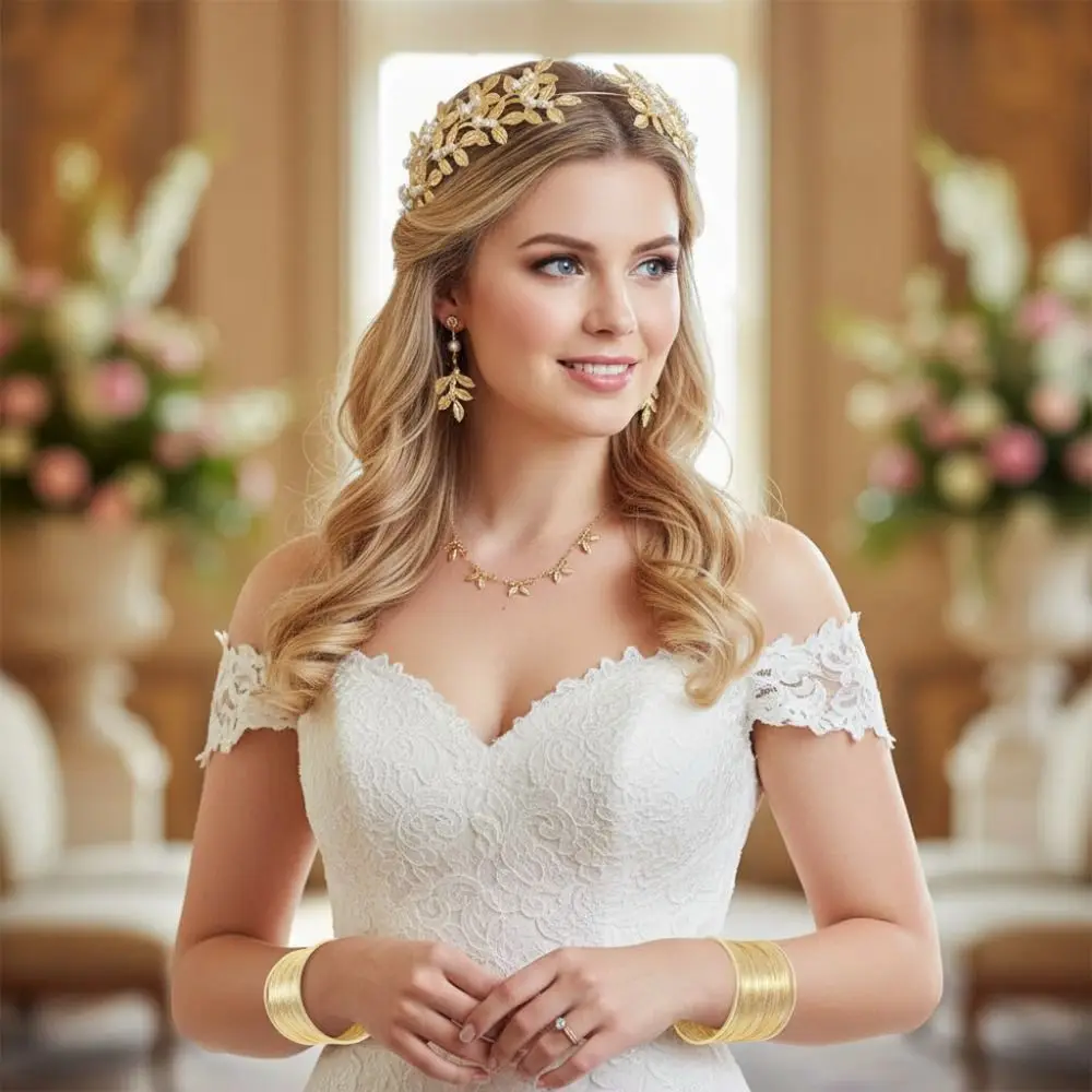 

Baroque Women's Wedding Jewelry Set Gold Leaf Design Greek Goddess Hair Jewelry Bracelet Upper Arm Cuffs Rhinestone Jewelry Set