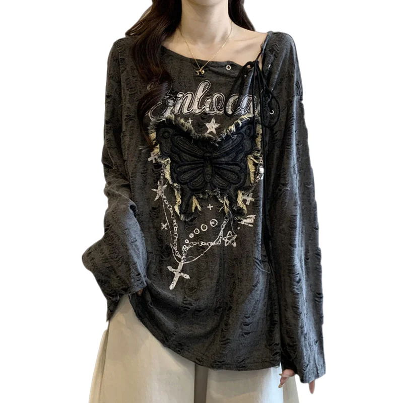 Women T-shirt Plus Size Butterfly Patch Long Sleeve T-shirt 2026 Spring Autumn Distressed Loose Print Drawstring Basic Shirt