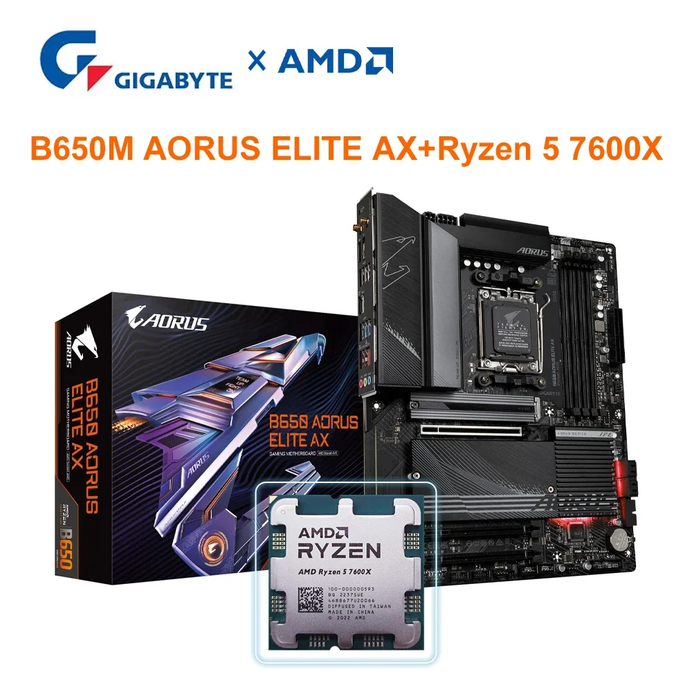 AMD RYZEN 5 7600X + GIGABYTE B650M AORUS ELITE AX Motherboard CPU Kit DDR5 Socket AM5 AMD R5 7600X+B650 Set Gamer Computer