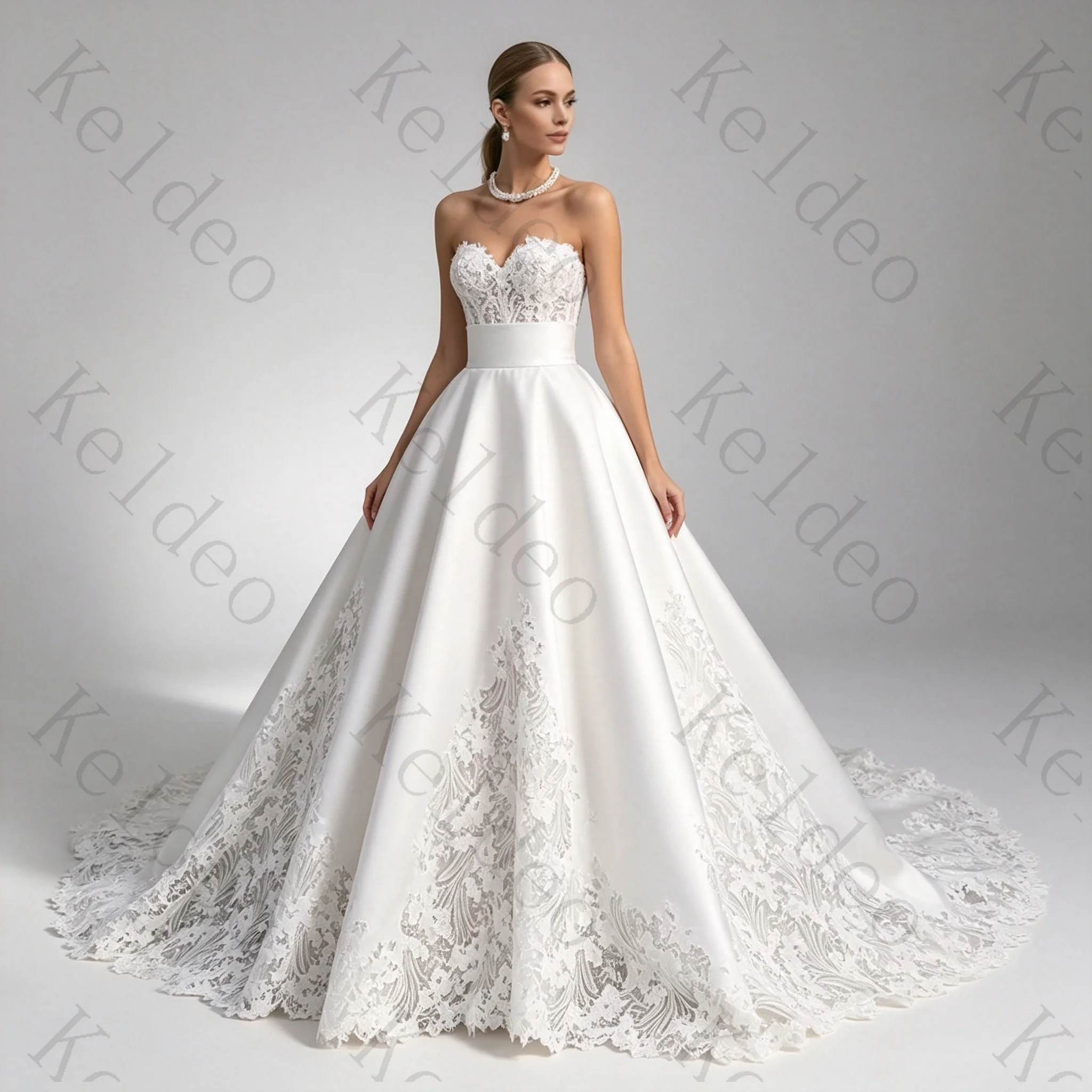Customized Elegant Sweetheart A-Line Sleeveless Wedding Dresses Fashion Draped Lace Applique Floor-length Open Back Bridal Gowns