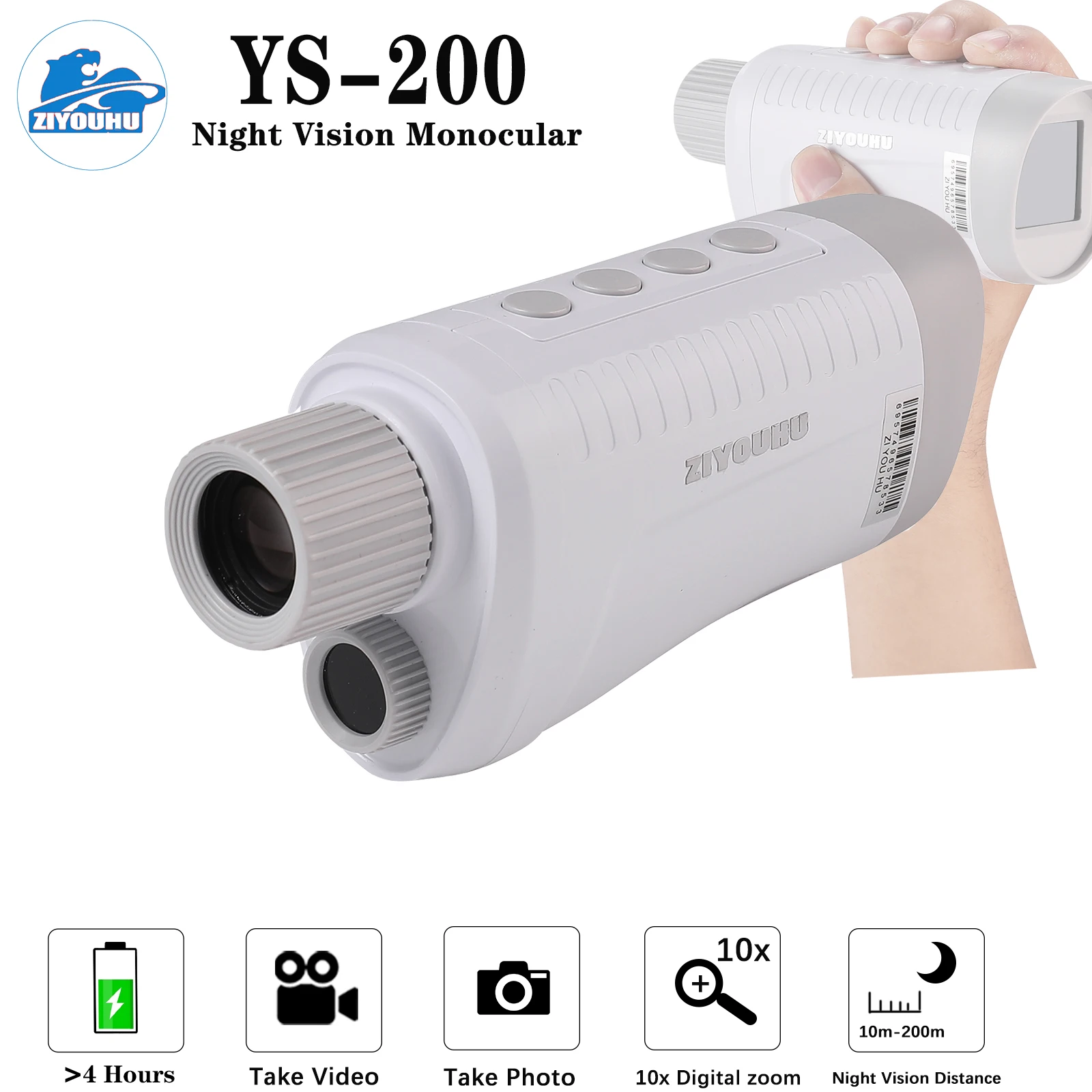 Hand Digital Monocular, Infrared Camera, 1080P HD, 10X Zoom, Photo Video Records, Total Darkness Hunting, Night Vision, YS-200