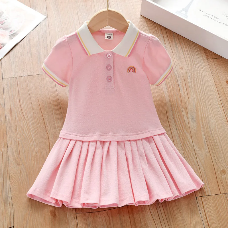 New Kids Girls Pink Dress Summer Short Sleeve Shirts Dresses for Baby Girls Rainbow Print Pleated Dress Children's Clothes 2-10Y