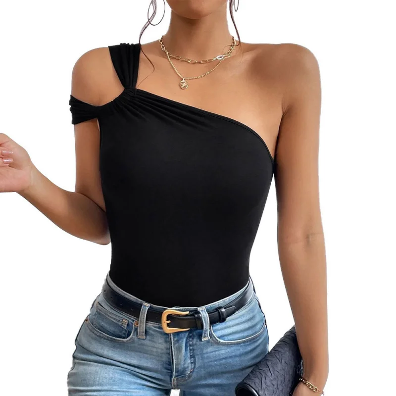 Damska letnia seksowna bluzka na jedno ramię, krótki top bez rękawów, odzież wierzchnia, nowość 2025