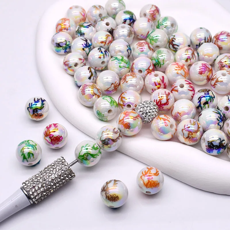 16mm Acrylic Beads Christmas Color Drawn Christmas Tree Santa Claus Round Loose Spacer Beads for Jewelry Making Diy Bracelets