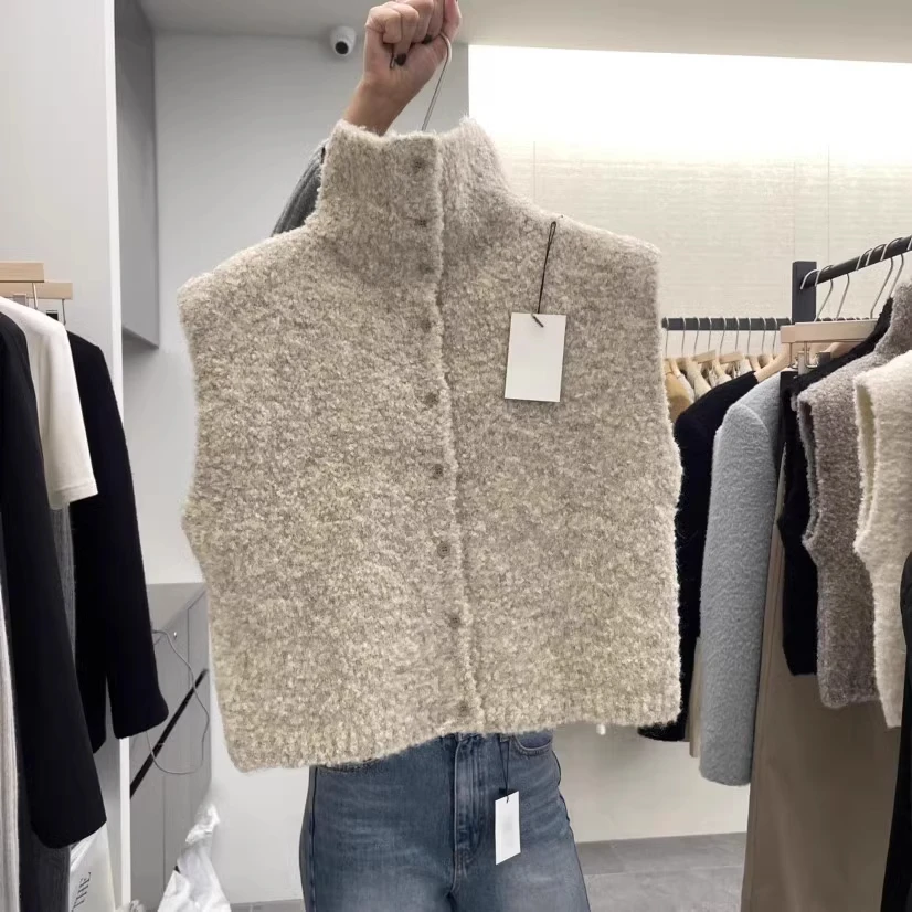 

Ladies Casual Knitted High Collar Vest Single Button Autumn Winter Faion Versatile Loose Fit Warm Soft Comfortable Top