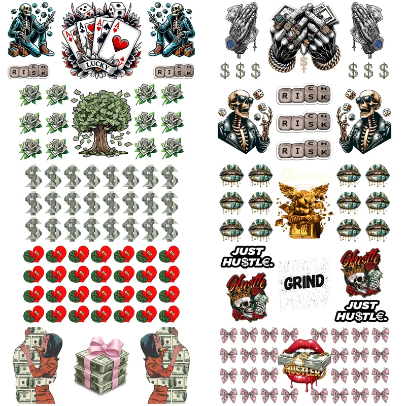 Money Vibe Themed Uv Dtf Cup Wrap Transfer Sticker DIY Decals For 16oz Libbey Cup Mixed US Dollars Pattern 3D Transfer Sticker