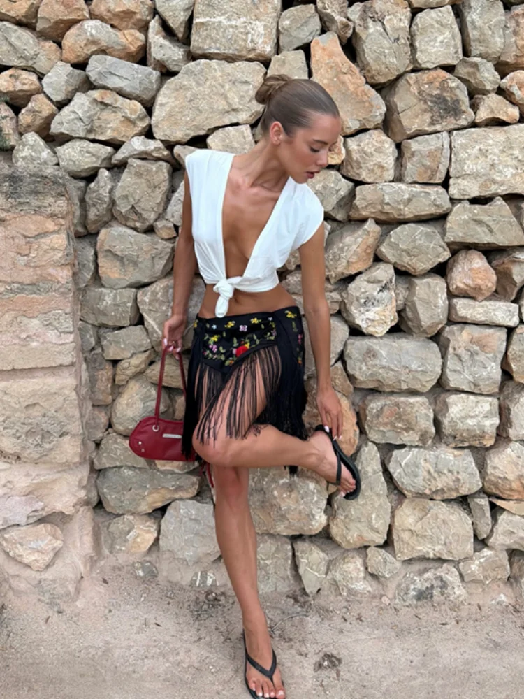 Sexy Print Fringed Women Skirts Urban Irregular Mini High Waist Midi Female Skirt 2026 Summer Fashion Lady Vacation Bottom New
