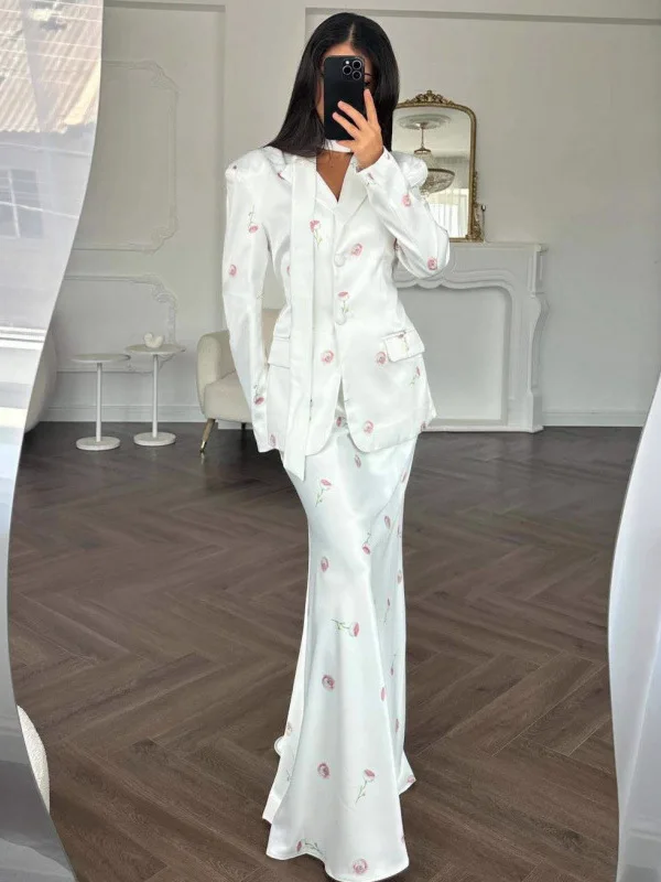 

Casual Design Loose Belted Fashionous Print Suit Jacket Long Skirt Set Women's Winter Collection Floral Print Two-Piece Suit