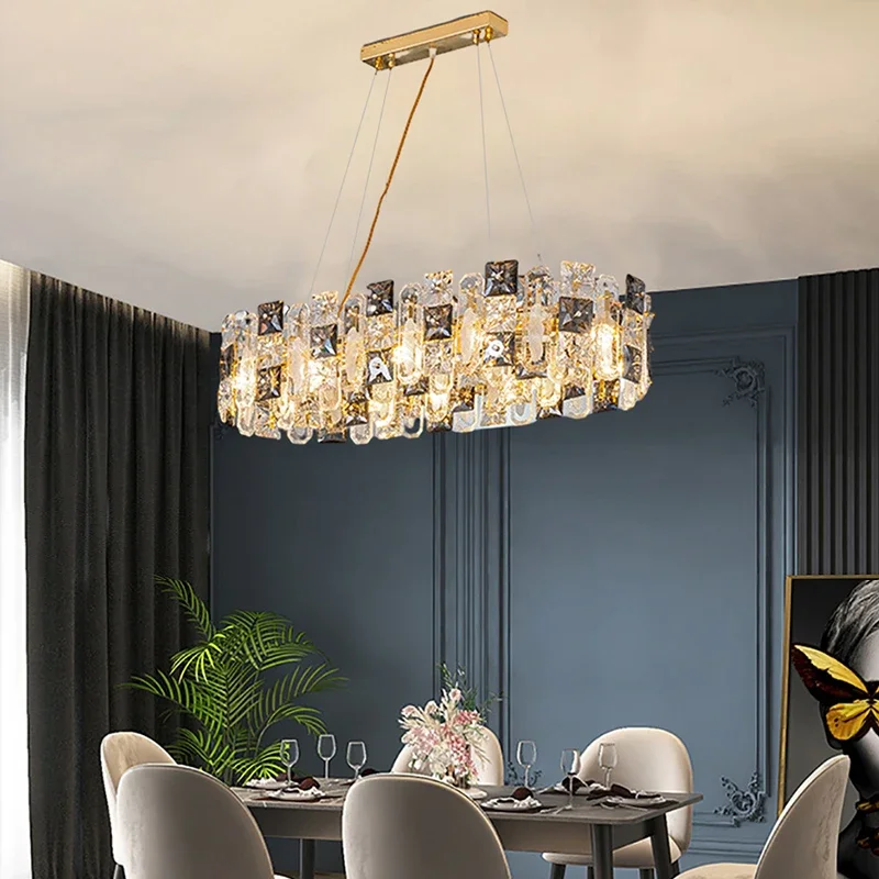 

Smokey Gray Squre Crystal Long Oval Chandeliers 2024 Hanging Lights for Ceiling LED Home Decor Lustre Luxury Golden Dining Room