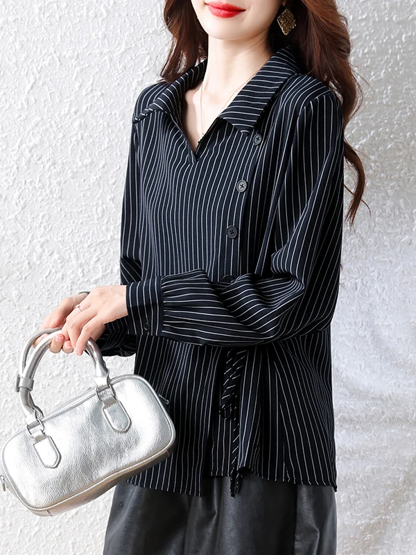 Slimming Plaid Long Sleeve Shirt Women's Button up Drawstring Versatile French Style Loose Fit Polyester Fiber Thin Model