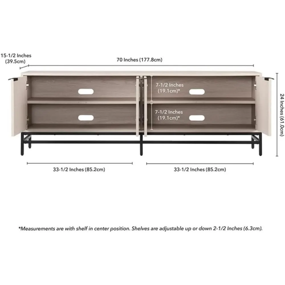 70 inch TV cabinet, transitional design, can also be used as a bookcase or sideboard, white MDF/metal, 70 L x 15 W x 24 H inches