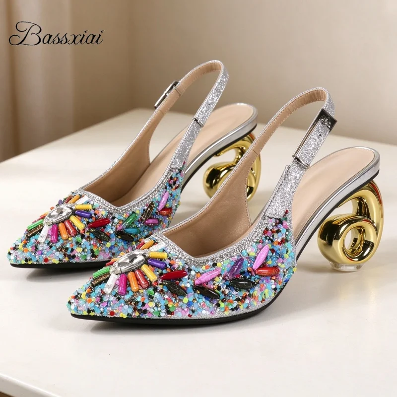 Colorful Rivet Diamond Decor Banquet Shoes For Girls Unique Strange Heel Bling Silver Sequins Pointed Toe Summer Sandals Women