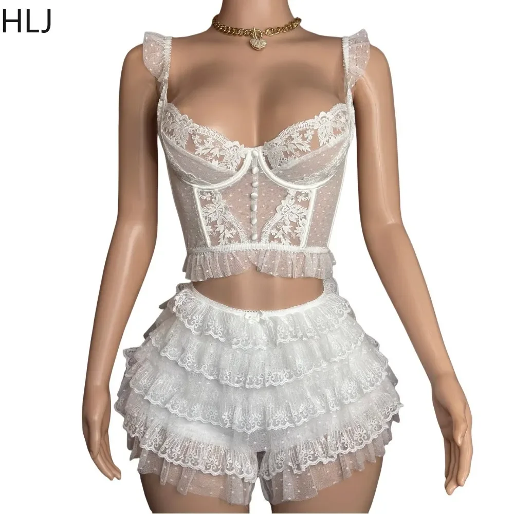 HLJ Lace Sexy Embroidery Sheer Two Piece Sets For Women Thin Strap Tank Top And Ruffle Mini Skirts Shorts Outfits Party Clubwear