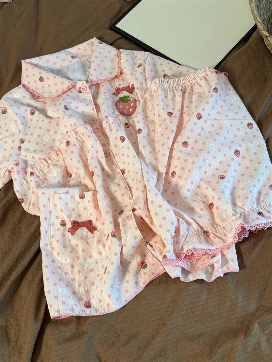 Japanese Kawaii Lolita Style Strawberry Embroidery Pajamas Set Ladies Short Sleeve Tops Shorts Sweet Summer Homewear Outfit