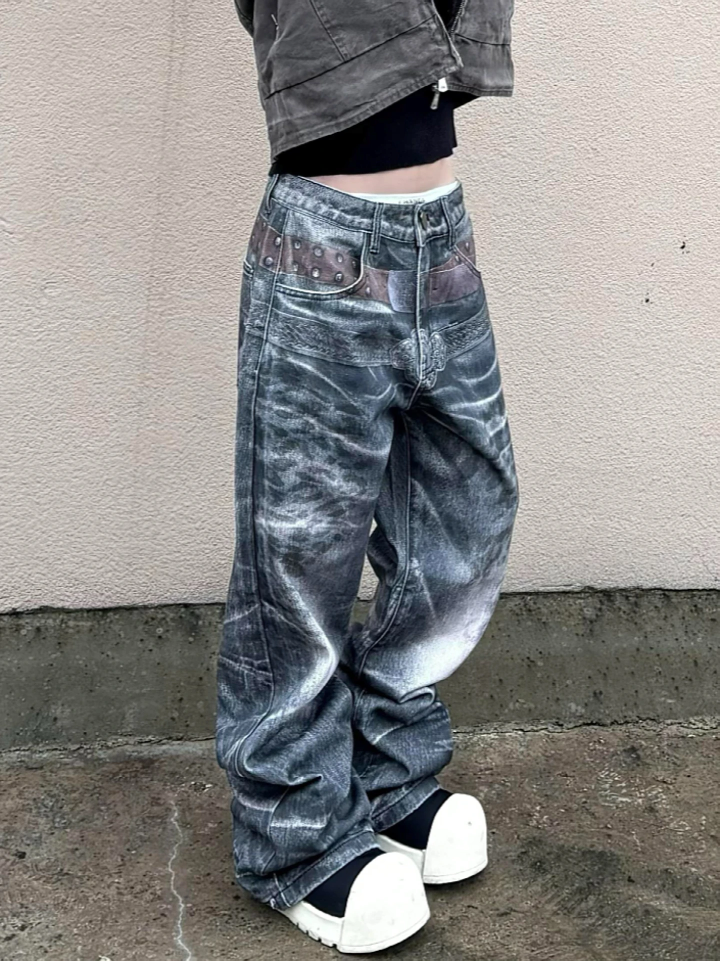 

American Retro Print Wave Pattern Leopard Print Double Belt Jeans Street Vibe Straight Slimming Knife Pants High Waist Denim