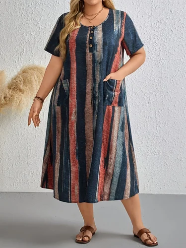 Vestido estampado de cuello redondo sin mangas multicolor de talla grande para mujer, adecuado para primavera/verano/otoño: estilo de cuello alto de gran tamaño