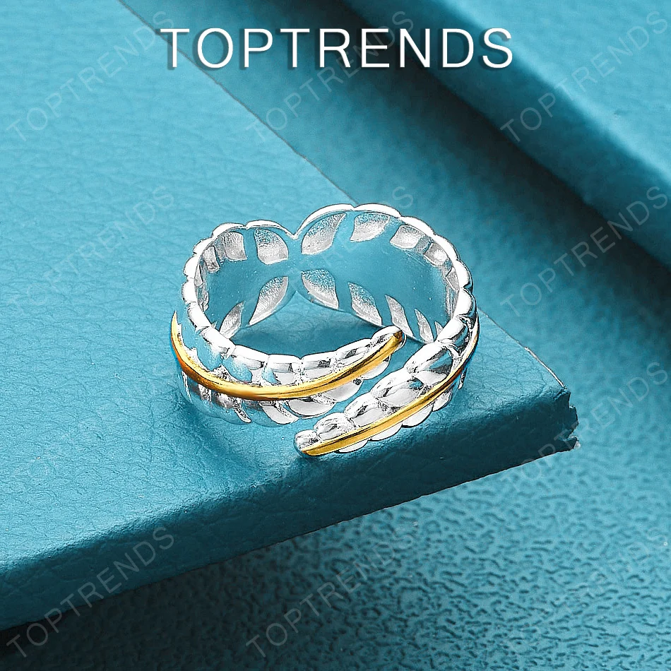 Fine 925 Sterling Silver Gold Feather Open Ring For Women Luxury Creative Jewelry Accessories Engagement Wedding Birthday Party