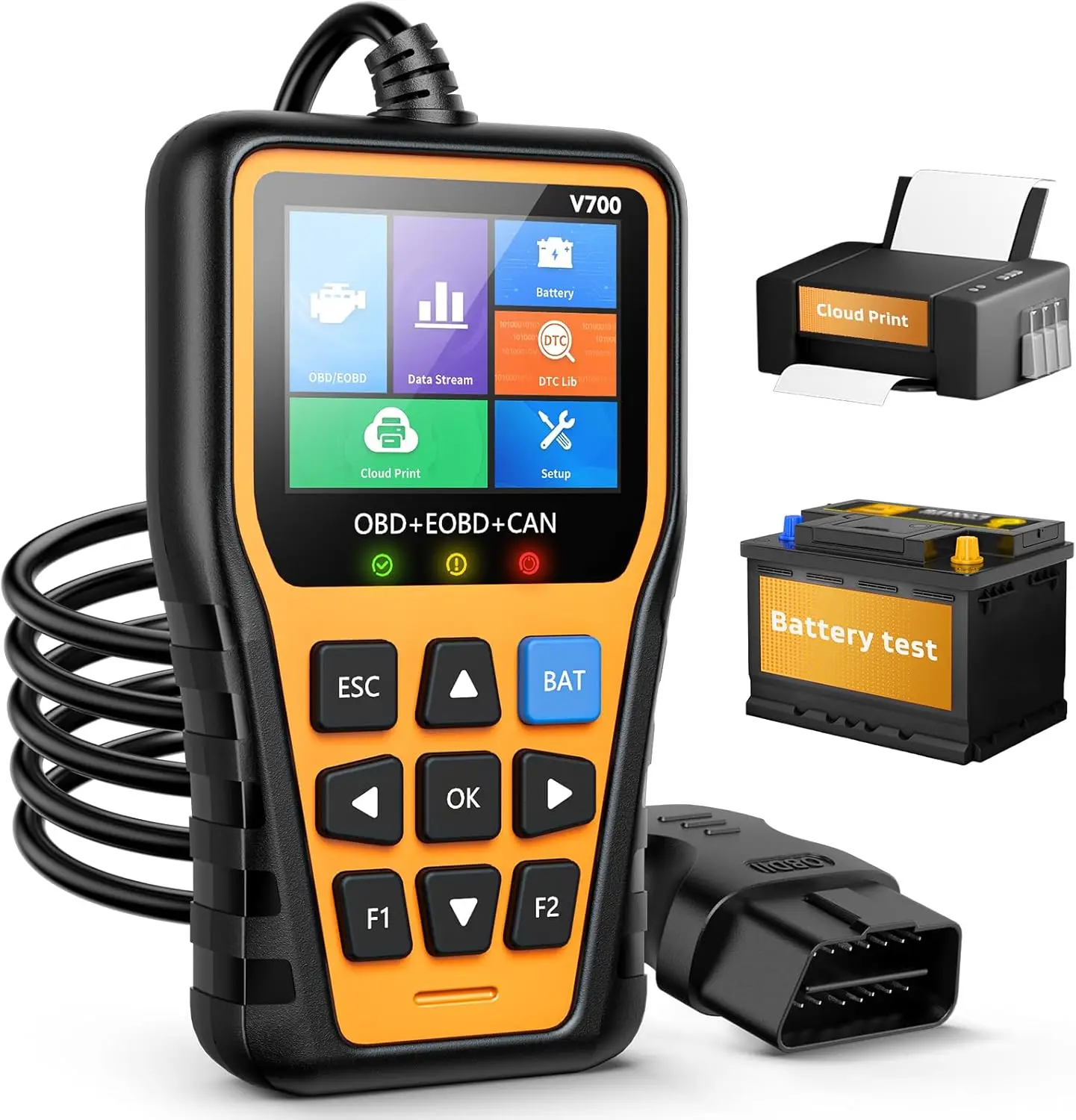 OBD2 Scanner with Battery Tester & Cloud Printing - Reads/Clears Codes for All OBD II Vehicles (1996+)