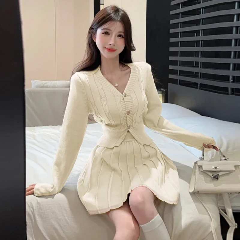 Gagarich Elegant Solid Knitt Suit Woman Gentle V-neck Single Breast Twist Puff Sleeves Cardigan High Waist Pleated A-line Skirt