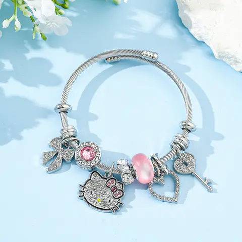 Sanrio Hello Kitty Crystal Inlaid Alloy Charm Bangle for Women Cartoon Anime Adjustable Open Bracelet Fashion Jewelry Gift Girls