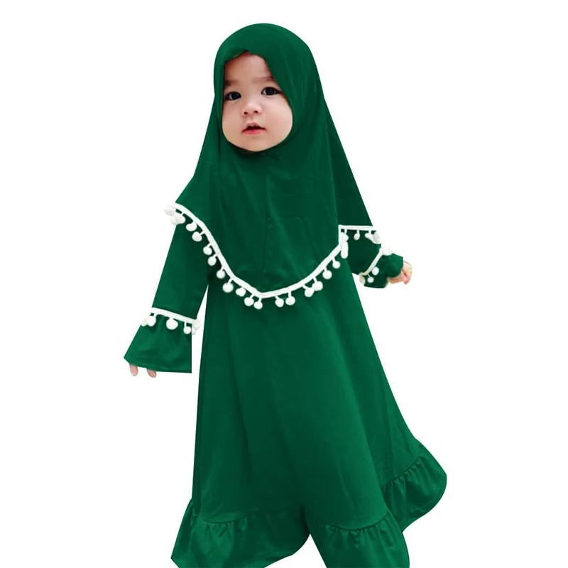 

2Pcs Muslim Ramadan Sets Children Girls Prayer Dresses Hijab Abaya Arab Kids Long Khimar Robe with Headscarf Islamic Kaftan Gown