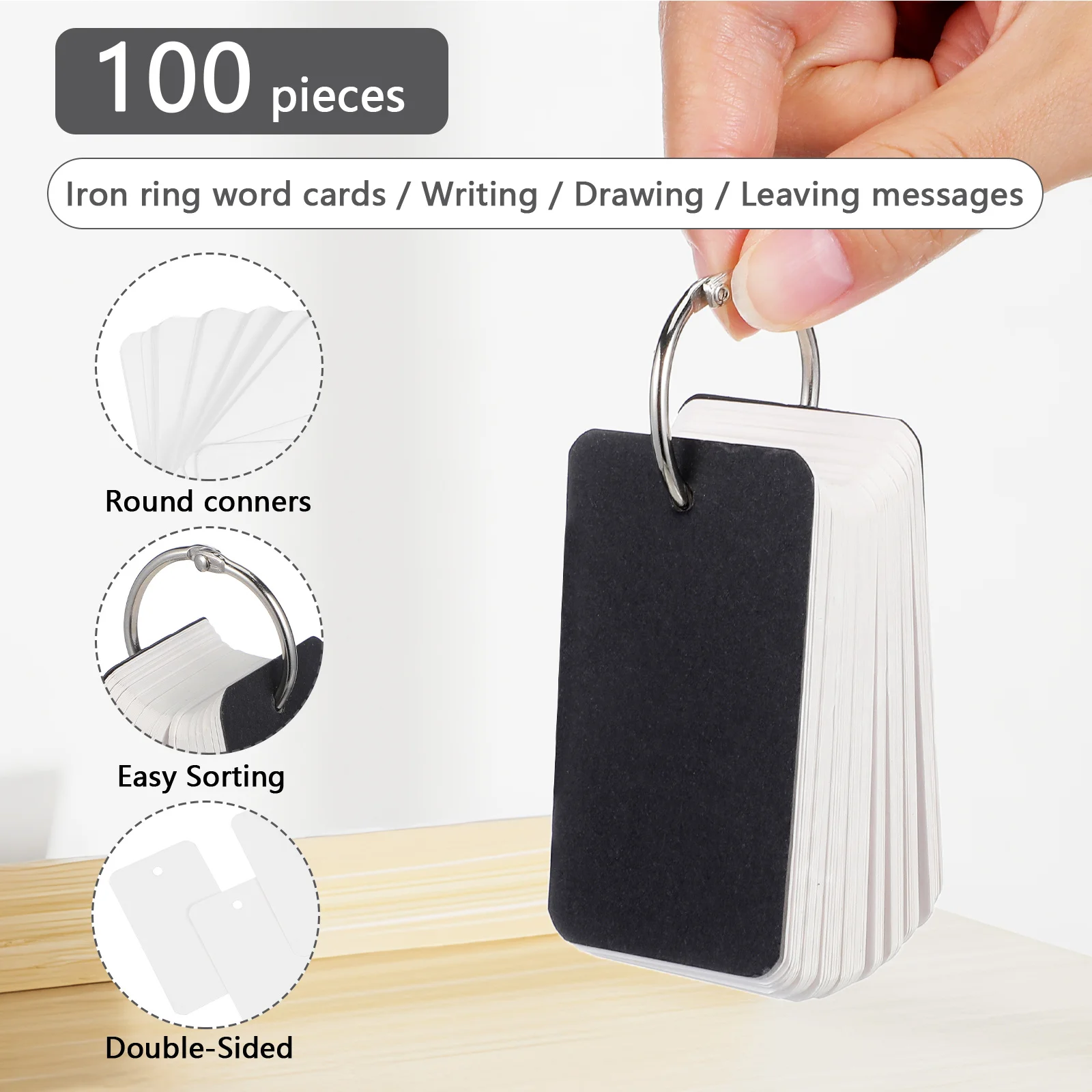 100Pcs English Word Cards Blank Alphabet Portable Notepad Refillable Binder Ring Study Cards Stationery for School Office