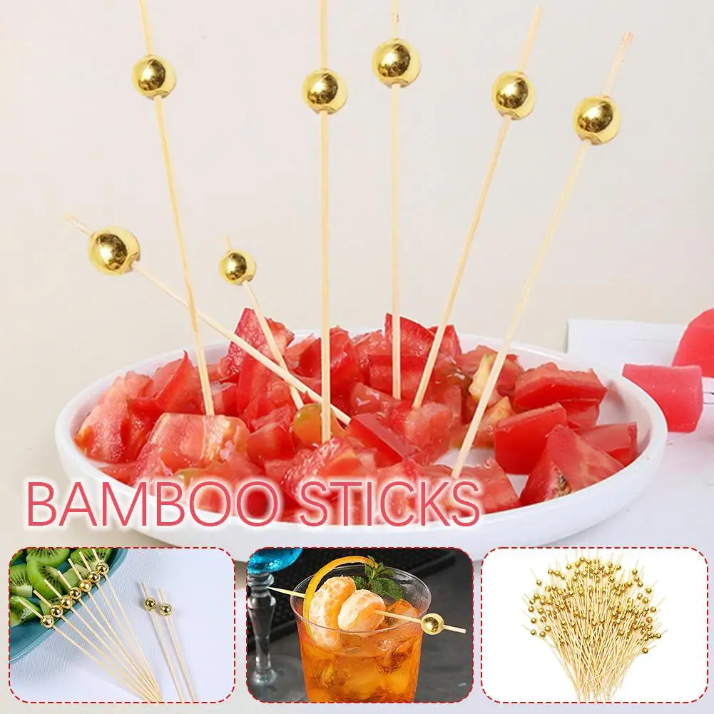 100/25Pcs Gold Perle Cocktail Picks Lebensmittel Obst Picks Hochzeit Party Einweg Kuchen Dessert Cocktail Sticks Zahnstocher Spieß