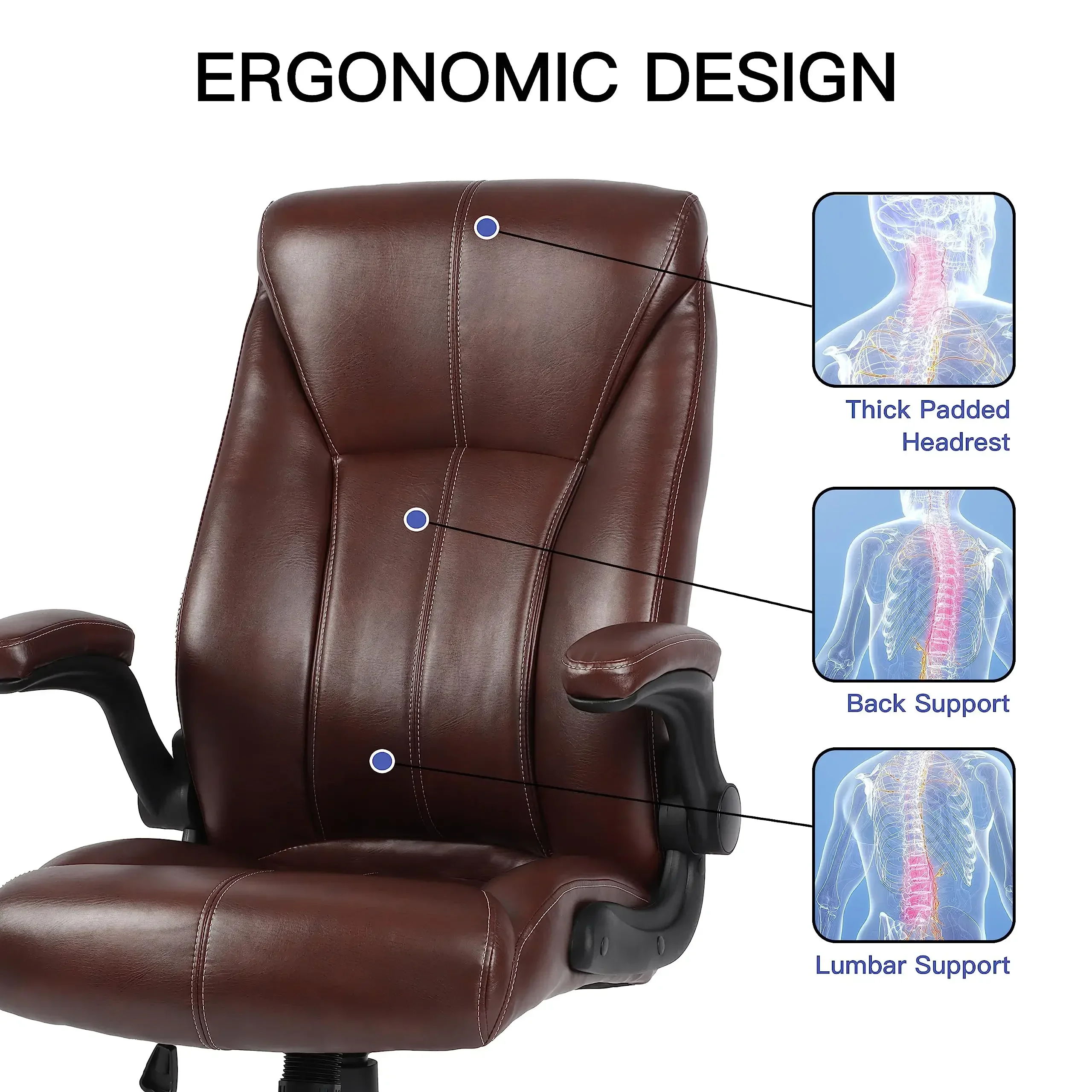 Big and Tall Office Chair for Heavy People 400lb, Executive Desk Computer Chair Adjustable Flip-up Armrests, PU Leather Swivel T