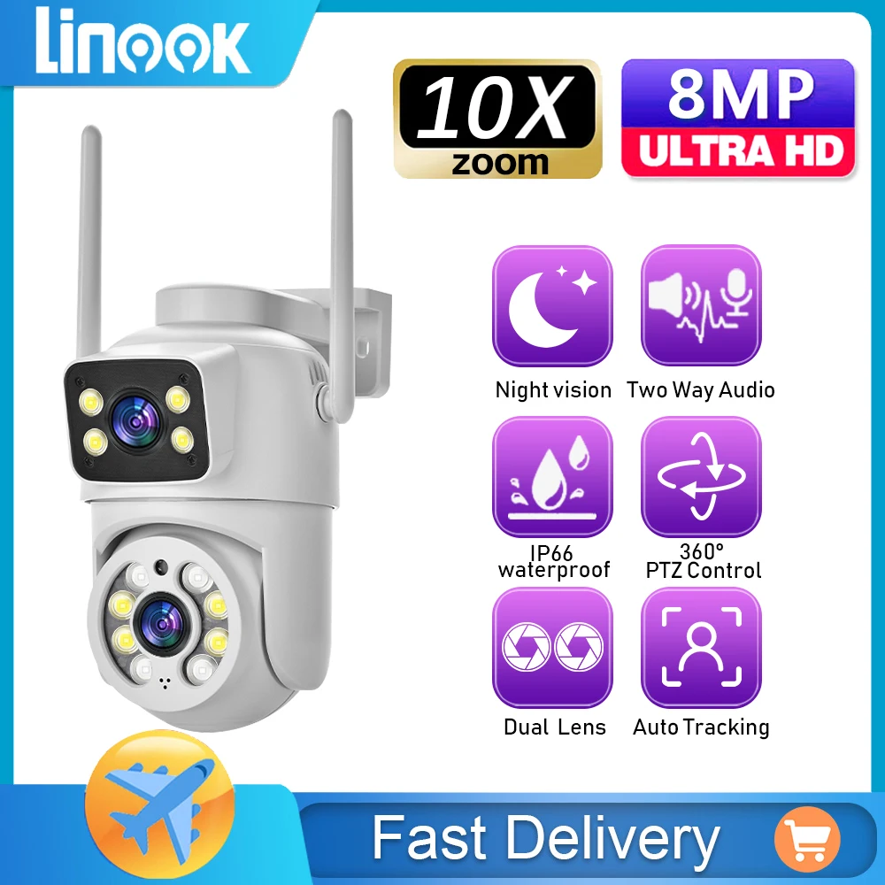 Linook ICSEE 8MP 4K Dual lens outdoor waterproof wireless WIFI connection CCTV cameras IP  security protection