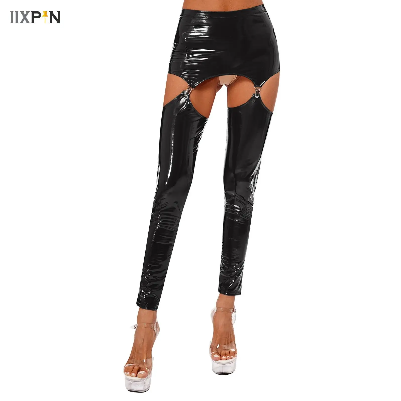 Women\'s Glossy Suspender Leggings Patent Leather Mini Skirt with Garter Clips Hollow Out Tights Long Pants Trousers Clubwear