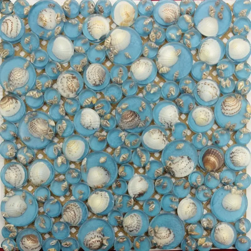 

Sky blue big and small round resin mix sea shell mosaic tile kitchen backsplash bathroom shower wall tiles dining room wallpaper