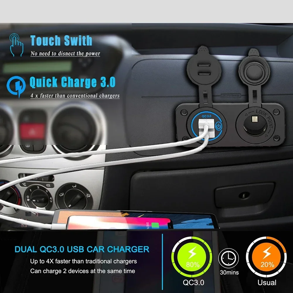 12V USB Socket Panel Quick Charge 3.0 20W Dual PD USB C Socket Outlet Cigarette Lighter Adapter for Car Boat RV Motorcycle