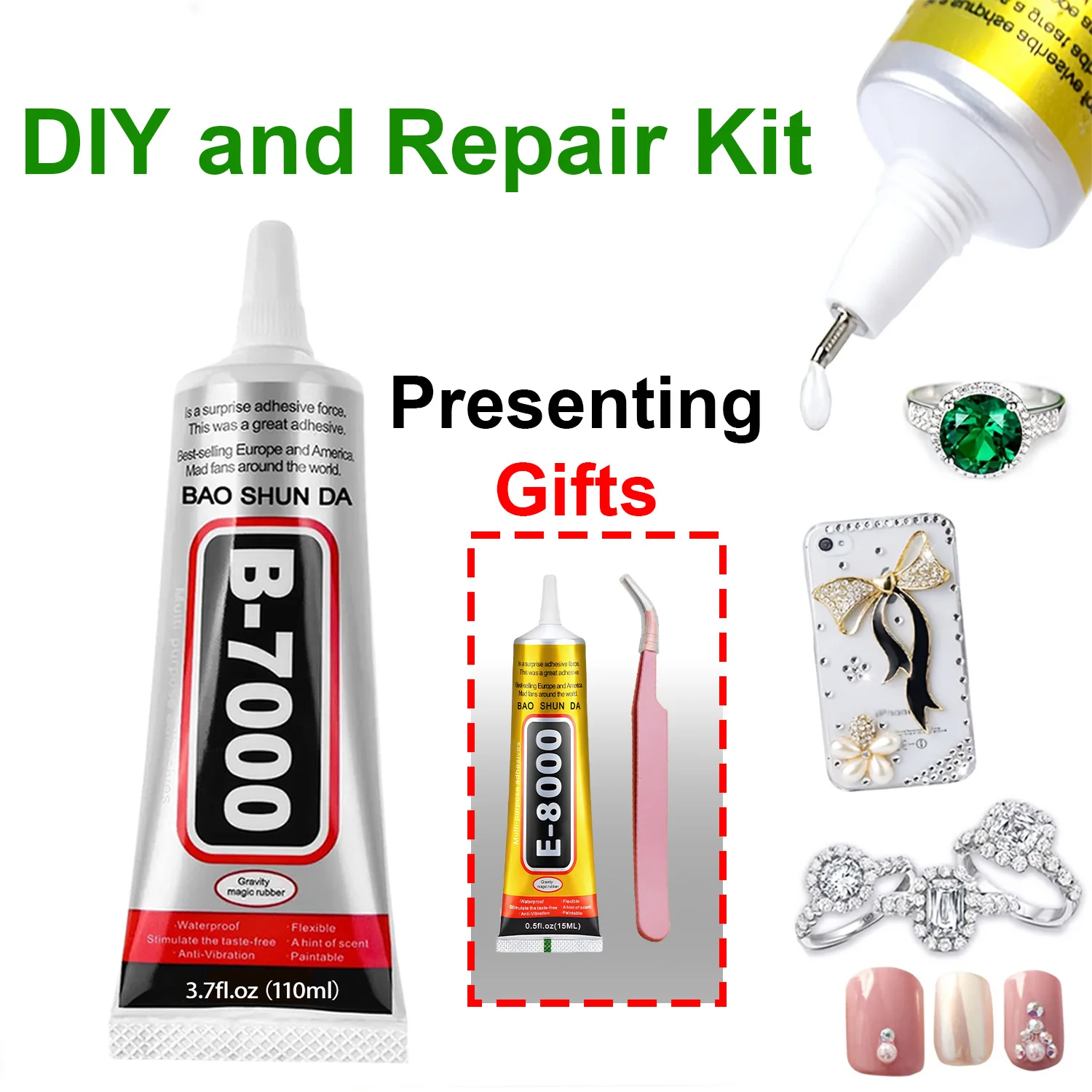 Set de reparación con adhesivo B7000/E8000: teléfonos móviles y joyería. Venta directa de fábrica: por la compra de 1 unidad, te regalamos otra. Pantalla, carcasa trasera, resistente al agua.