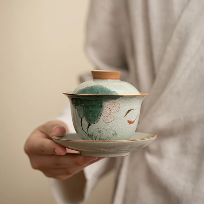 Vintage Hand-painted Covered Bowl Single Kung Fu Tea Set Tea Three Tea Cup Bowl Handmade Home Ceramic High-grade Not Hot