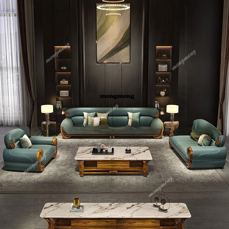 New Chinese-style ebony sofa combination villa living room high-end European-style solid wood leather first-layer