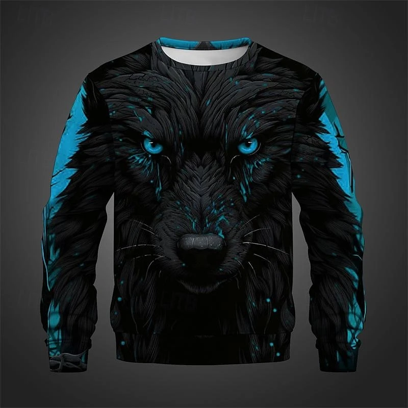 Trend Crew Neck Hoodies High Quality Fibre Material Men's Clothing 3D Printing Wolf Pattern Formal Wear Male Top 2XL  Large Size