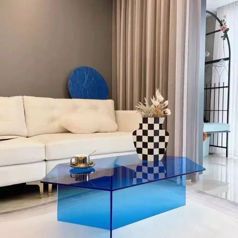 

Blue transparent acrylic small coffee table Internet celebrity design living room sofa color irregular hexagonal side few ins