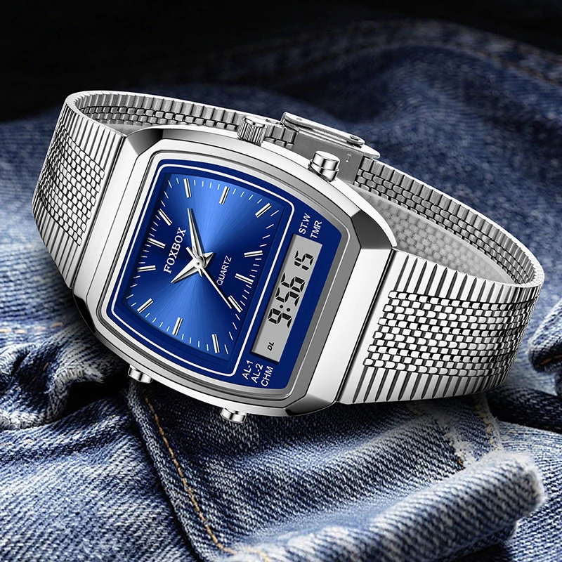 LIGE New Dual Display Watch Women Fashion Elegant Ladies Quartz Watches Square Ultra Thin Mesh Analog Digital Watch For Women