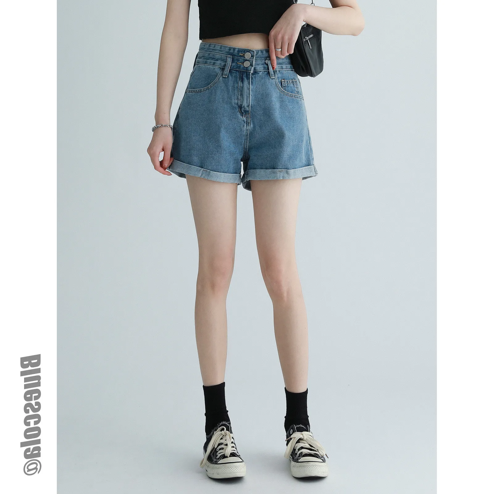 

High Waist Slimming Denim Shorts Women Summer New Korean Version Large Size Loose Thin Roll up A-Line Wide Leg Hot Pants