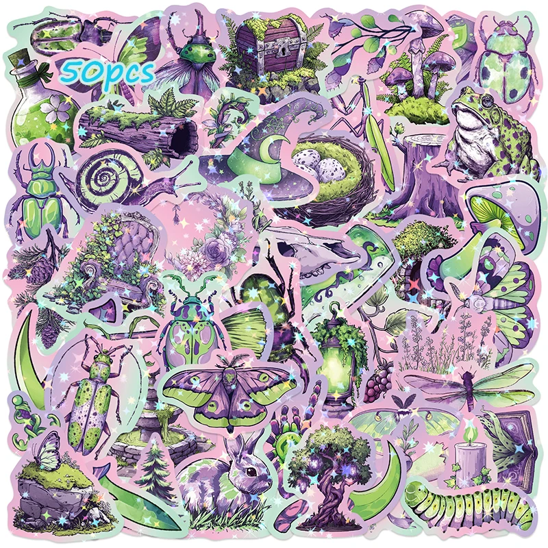 50Pcs Mystical Forest Magic Stickers, Fantasy Insect Frog Witch Hat Pattern, Sparkle Waterproof Vinyl Decals for Laptop Water Bo