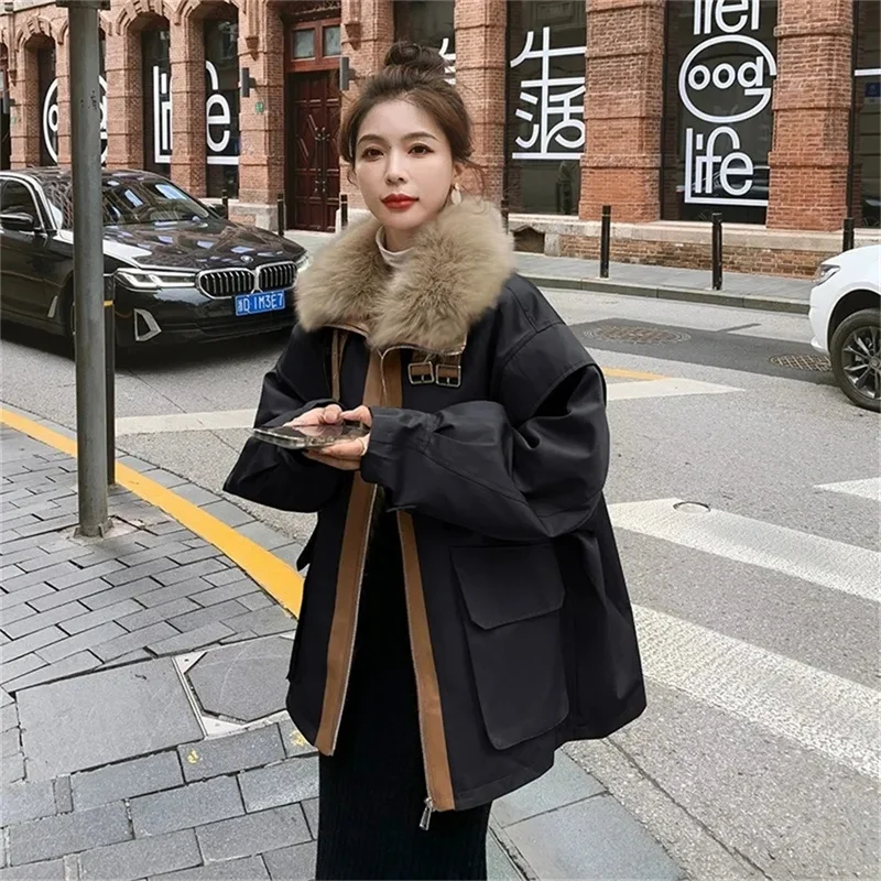 High end black parka cotton jacket for women's winter 2023 new plush and thickened large fur collar Wool Liner cotton jacket j