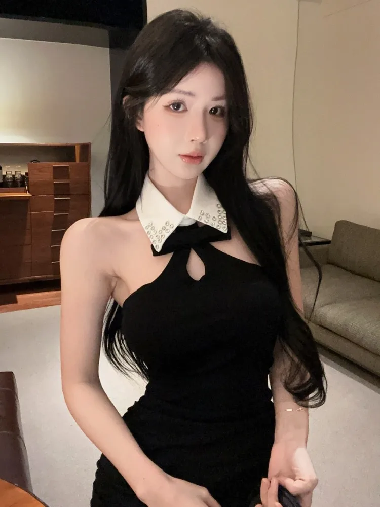 

Sexy Hollow out Collar Hanging Neck Color Block Shortie Dress Spicy Girl Backless Slimming Korean Style Commute