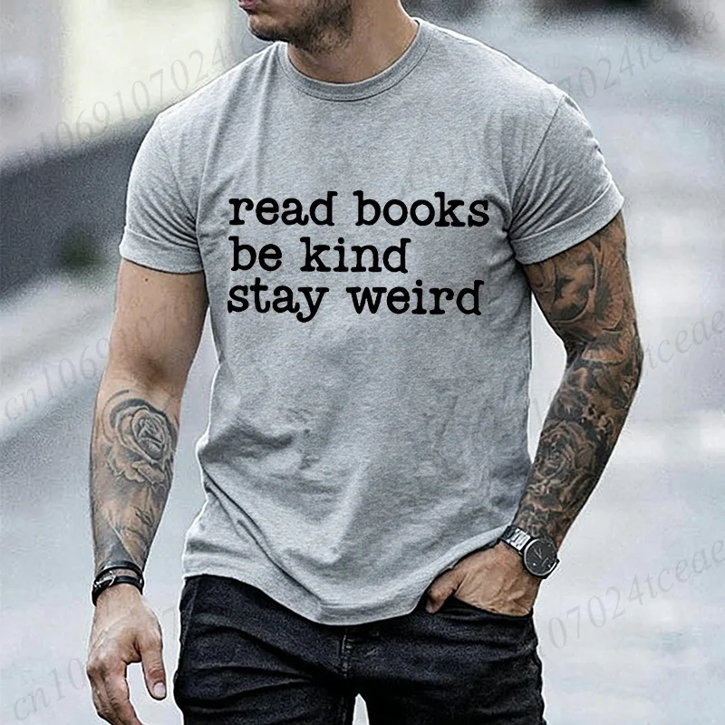 Buchliebhaber-Slogan Grafik Herren T-Shirt „Lesen Sie Bücher, Seien Sie freundlich, Bleiben Sie seltsam“ Aufdruck Kurzarm O-Ausschnitt Lässige Lose Oberteile Damen T-Shirts – Detail 2